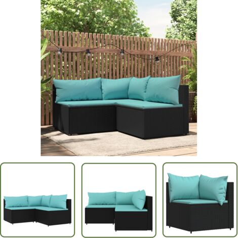 Salon de jardin 3 pcs avec coussins Noir Résine tressée (1/5)