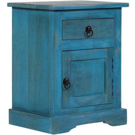 Table de chevet en bois bleu mangue avec tiroir et portes de style vintage (1/5)