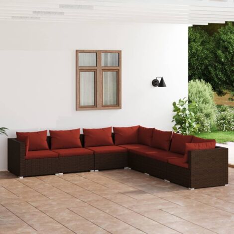 vidaXL Salon de jardin 7 pcs avec coussins Résine tressée Marron