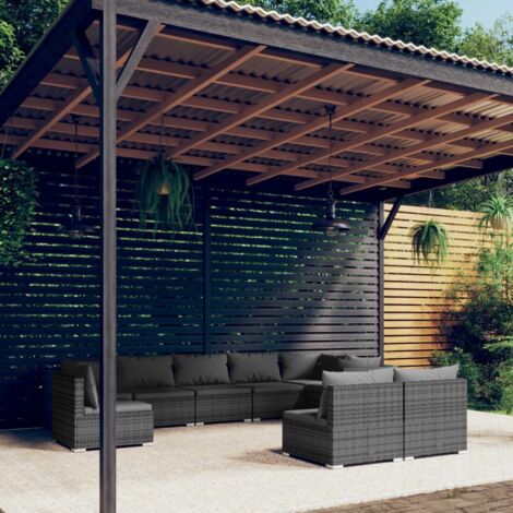 vidaXL Salon de jardin 9 pcs avec coussins Résine tressée Gris (1/5)