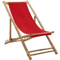 Vidaxl – Chaise longue en bambou et toile rouge – Réglable 4 positions – Design pliable – Résistante aux intempéries – Pour terrasse et camping