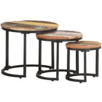 Vidaxl – Ensemble de 3 tables d'appoint en bois de récupération massif – Base en fer enduit de poudre – Diamètres : 31/41/52 cm – Style industriel