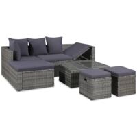 Vidaxl – Salon de jardin 4 pcs résine tressée gris – Ensemble avec coussins confortables – Cadre en acier robuste – Table basse en verre facile à nettoyer