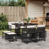 vidaXL 9 Piece Garden Dining Set with Cushions Black Poly Rattan