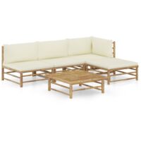 Vidaxl – Salon de jardin 5 pcs en bambou avec coussins blanc crème – Conception modulaire – Housses amovibles et lavables – Idéal pour espaces extérieurs