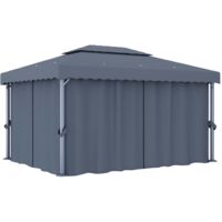 Vidaxl – Tonnelle avec rideau 4x3 m – Aluminium anthracite – Toit à deux étages – Protection contre UV et pluie – Assemblage facile