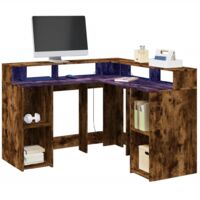 vidaXL Desk with LED Lights Smoked Oak 130x130x91 cm Engineered Wood