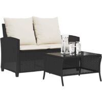 vidaXL Canapé de jardin 2 places coussins et table noir résine tressée