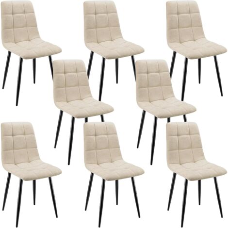Lewe – Lot de 8 chaises de salle à manger rembourrées – Dossier haut en lin beige – Pieds en fer forgé – Design damier élégant