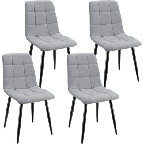 Lewe – Lot de 4 chaises de salle à manger rembourrées – Dossier haut en lin gris – Design damier – Pieds en fer forgé – Confort ergonomique