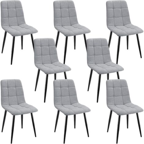 Lewe – Lot de 8 chaises de salle à manger rembourrées – Dossier haut en lin gris – Pieds en fer forgé – Confort ergonomique pour repas prolongés