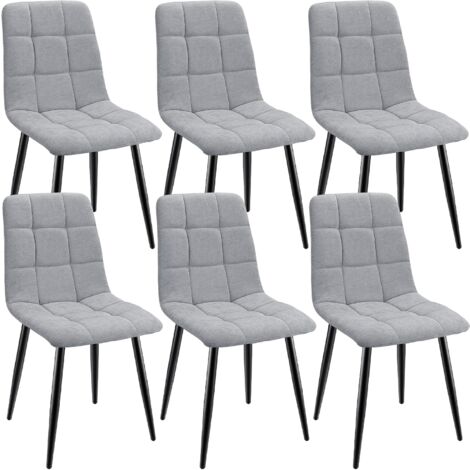 Lewe – Lot de 6 chaises de salle à manger rembourrées – Dossier haut en lin gris – Pieds en fer forgé – Confort ergonomique pour repas (1/5)