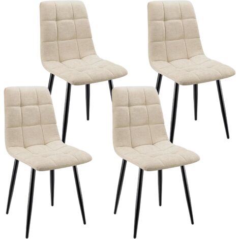 Lewe – Lot de 4 chaises rembourrées avec dossier haut – Tissu lin beige – Design damier – Pieds en fer forgé inoxydable – Assemblage facile