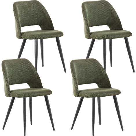 Lewe – Lot de 4 chaises de salle à manger en velours côtelé – Rembourrage mousse haute densité – Pieds en métal noir – Vert armée