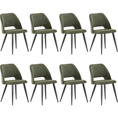 Lewe – Lot de 8 chaises de salle à manger en velours côtelé – Confort ergonomique avec dossier enveloppant – Pieds en métal noir stables – Vert armée