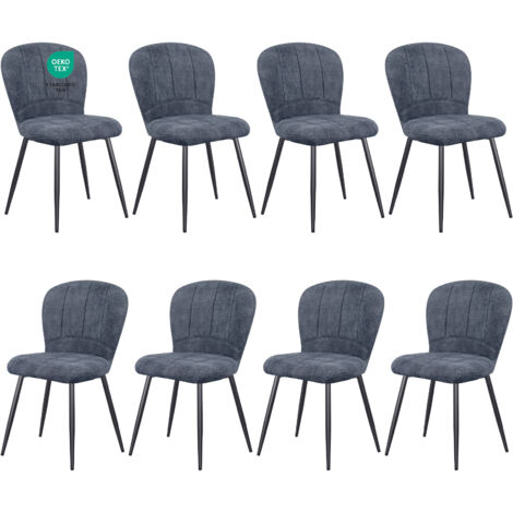 Lewe – Lot de 8 chaises de salle à manger – Design coquillage en tissu chenille doux – Pieds en métal noir – Confort ergonomique