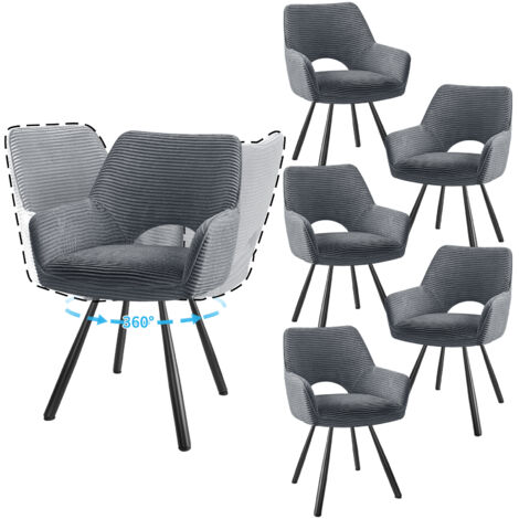 LEWE Lot de 6 Chaises de Salle à Manger 180° Pivotantes avec Accoudoirs, Rembourrées avec Dossier en Velours, Gris