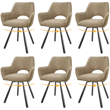 LEWE Lot de 6 Chaises de Salle à Manger 180° Pivotantes avec Accoudoirs, Rembourrées avec Dossier en Velours, Marron