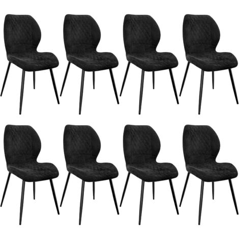 Lot de 8 Chaises salle à manger,Pieds en métal et revêtement en à Motif Diamant,avec Coussin en éponge de lin-Noir.