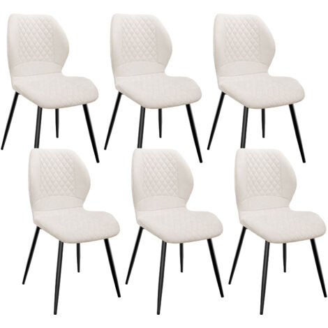 Lewe – Lot de 6 chaises salle à manger – Pieds en métal – Revêtement lin beige avec coussins en éponge – Motif diamant – Charge max 120 kg