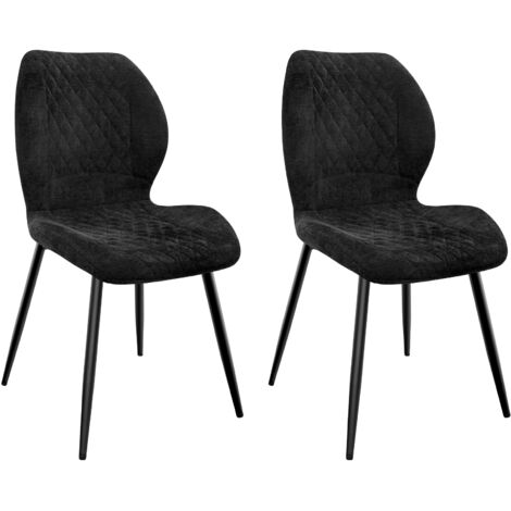 Lot de 2 Chaises salle à manger,Pieds en métal et revêtement en à Motif Diamant,avec Coussin en éponge de lin-Noir.