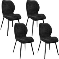 Lewe – Lot de 4 chaises salle à manger – Pieds en métal – Revêtement lin noir à motif diamant – Coussin en éponge pour confort optimal