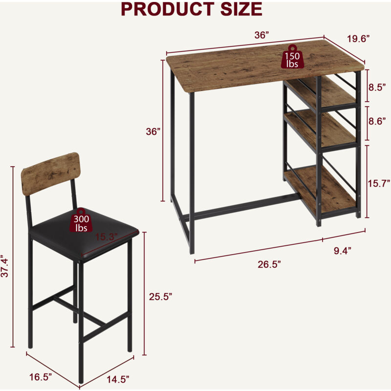 Table de Bar avec 2 Tabourets-Ensemble de bar 3 pcs à petit-déjeuner