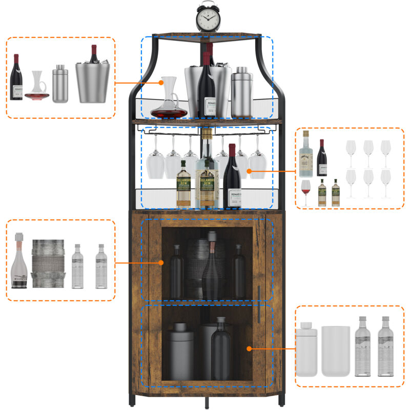 Armoire à Vin D'angle Vintage Avec éclairage LED - 5 Niveaux, Support Verre, Métal Et MDF, Marron Rustique, Pour Salon/cuisine - 7