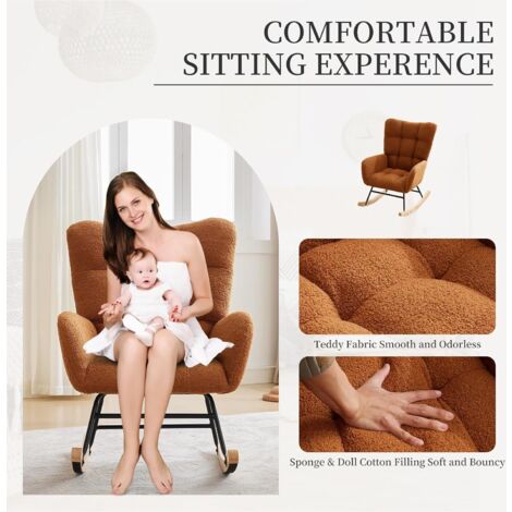 Fauteuil à bascule, Rocking chair scandinave, Inclinaison réglable, pieds en bois et dossier confortable, Convient pour le salon et la chambre, balcon, Beige