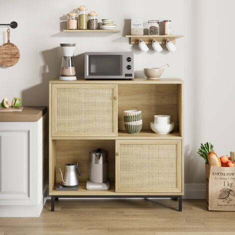 Buffet 2 Portes, Meuble de Rangement Design bohème avec 2 étagères en cannage - 94 x 30 x 100 cm (1/5)