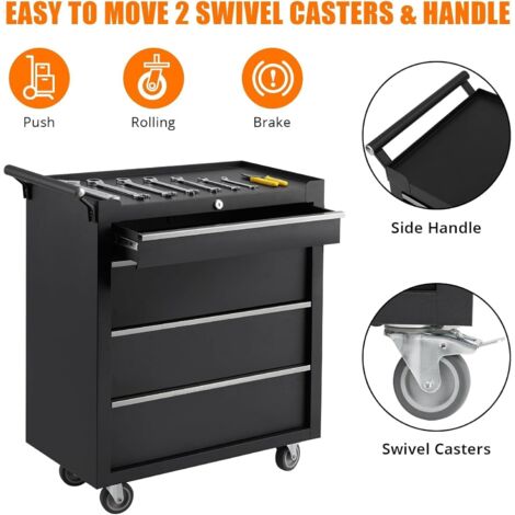 SERVANTE ATELIER - SERVANTE DE CHANTIER-24inch -4 TIROIR-NOIR-Spacieux Verrouillables avec Tapis Antidérapant Roulettes