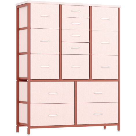 Commode Armoire de rangement 15 tiroirs en tissu avec poignées Cadre en métal Style industriel, 100x30x123 cm Rose (1/5)