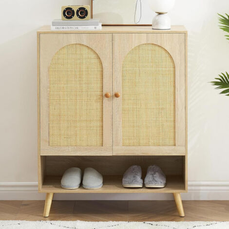 Buffet - Armoire de cuisine à 4 étages avec 2 portes en rotin, compartiment ouvert et étagères réglables - Armoire de buffet - Armoire de rangement - Armoire de buffet en bois - 82 x 100 x 40 cm (1/5)