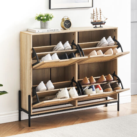 Meuble à chaussures étroite avec 4 rabats - Étagère à chaussures en rotin naturel avec 8 étagères réglables - Commode à chaussures pour couloir, entrée - 100 x 24 x 88 cm (1/5)