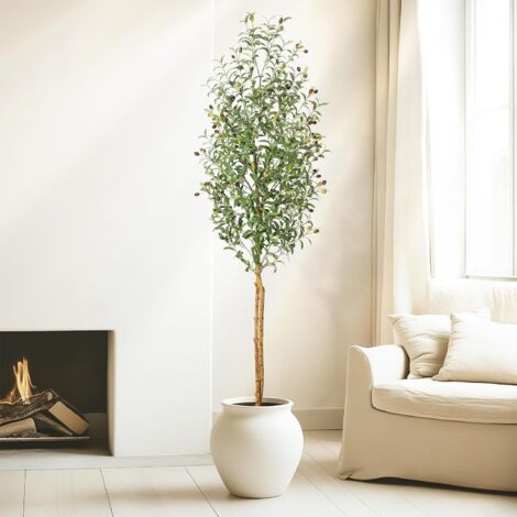 Olivier artificiel - 210 cm - Avec pot blanc - Vert - Grande plante d'olivier - Décoration pour la maison, la chambre à coucher, le bureau, le jardin, le salon