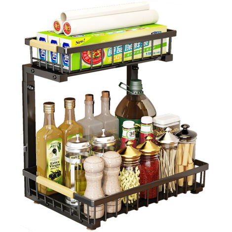 Etagère à épice à 2 Niveaux, Tiroir Organisateur, Porte-épices, Panier Coulissant sous Evier,Garde-Manger, Bureau,Hauteur Réglable,40x30x42-48CM,noir
