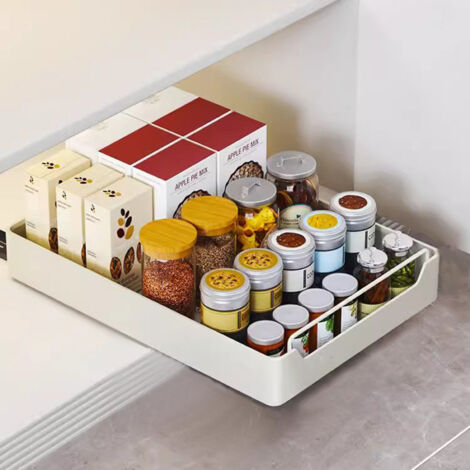 Tiroir Coulissant Cuisine,Organisateurs D'armoire Coulissants,Panier de tiroir,Organisateur Placard Cuisine,Aucun PerçAge ni Clouage Requis,30407CM,Blanc
