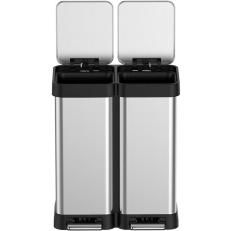 Poubelle de cuisine, Poubelle à Double Compartiment 2 x 20 L,Pédales en Métal, 2 Seaux Intérieurs en Plastique, Argent et Noir (1/5)