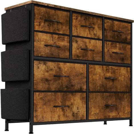 Commode avec 10 Tiroirs en Tissu, Meuble de Rangement à 4 Niveaux, avec Poignées en Métal, Style Industriel, Marron Rustique et Noir