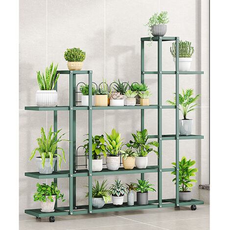 Porte Plantes Fer Forgé sur roues 120x26x114cm Étagère Plante Fleur Extérieur Intérieur Escalier Fleurs pour Maison Balcon Terrasse Jardin,vert