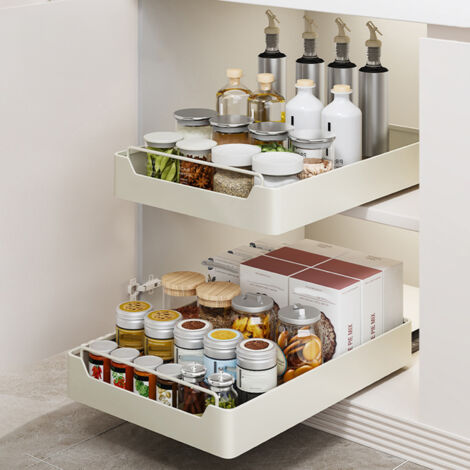 Lot de 2 Tiroir Coulissant Cuisine, Tiroir Coulissant Extensible, Tiroir Coulissant Telescopique Cuisine pour Armoires de Cuisine, Non Percé, Acier au Carbone (43 x 40 x 7 cm, Blanc) (1/5)