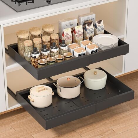 Lot de 2 Extensible Tiroir Coulissant Cuisine, Rangement Et Organisation De Cuisine Sans Poinçon Pour L'organisation Des Armoires De Cuisine, Salle De Bain, Largeur Réglable De 32-52x42x7cm,noir