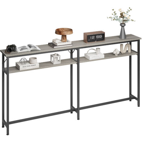 Table console étroite, 180 x 23 x 100 cm, à 2 étages, avec espace de rangement, extra longue, pour entrée, salon, gris (1/5)