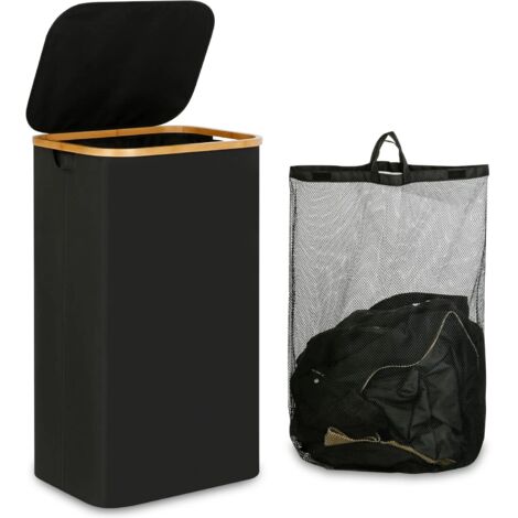 Panier à Linge avec Couvercle,110L Grand Corbeille à Linge avec Poignées en Bambou, Bac a Linge Laundry Basket Pliable Pliable avec Sac Amovibles en Tissu Oxford,Noir (1/5)