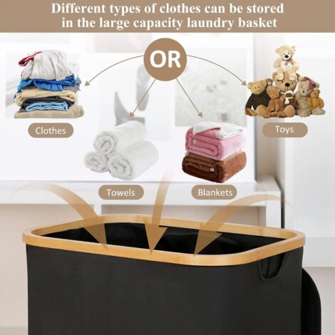 Grand panier à linge avec couvercle, poignées en bambou, panier à linge pliable avec doublure amovible en tissu Oxford, noir | Leroy Merlin