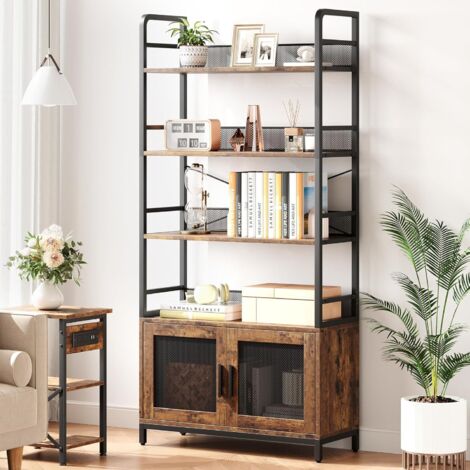 Étagère à 4 niveaux - Bibliothèque - Meuble de rangement - 180 x 80 x 30 cm - Placard avec portes - Grand - Cadre en acier - Pour salon, bureau, chambre - Style industriel - Marron rustique et noir (1/5)