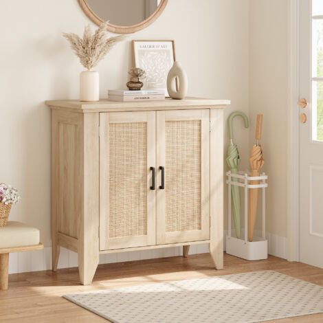 Buffet Bas avec 2 Portes en Rotin, Vaisseliers en Bois avec Dispositif Anti-basculement, Armoire de Rangement de Cuisine, Étagère réglables en 3 Hauteur, Naturel, 74x45x87cm (Naturel)