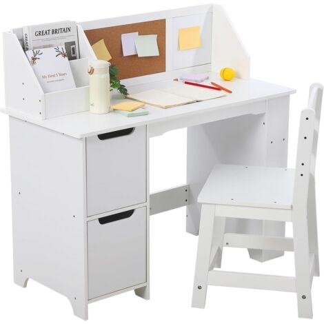 Bureau Enfants avec Chaise Ergonomique & Niches, Table d'Étude en Bois avec 2 Placards & Tiroir, Dispositif Anti-Basculement, Table Multifonctionnelle pour Dessiner Lire, 90x46x100cm, Blanc (1/5)