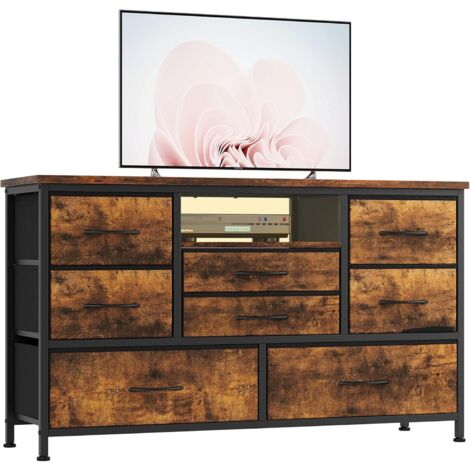 Commode à 8 Tiroirs & Meuble TV avec LED, Station De Charge, Commode De Chambre avec Structure en Métal, Tiroir en Tissu, Meuble De Rangement,121x37x76cm,marron (1/5)