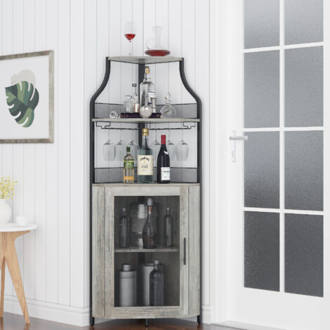 Armoire à Vin d'angle Style Industrielle avec étagère Réglable et Porte en Maille, Meuble de Rangement avec Porte-Verre à Vin, Armoire de Rangement sur Pieds pour Bar, Cuisine, Salon, GRIS (1/5)